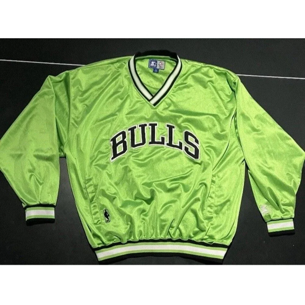 Vintage Starter Mens XL Chicago Bulls Green Satin Pullover Jacket Crewneck